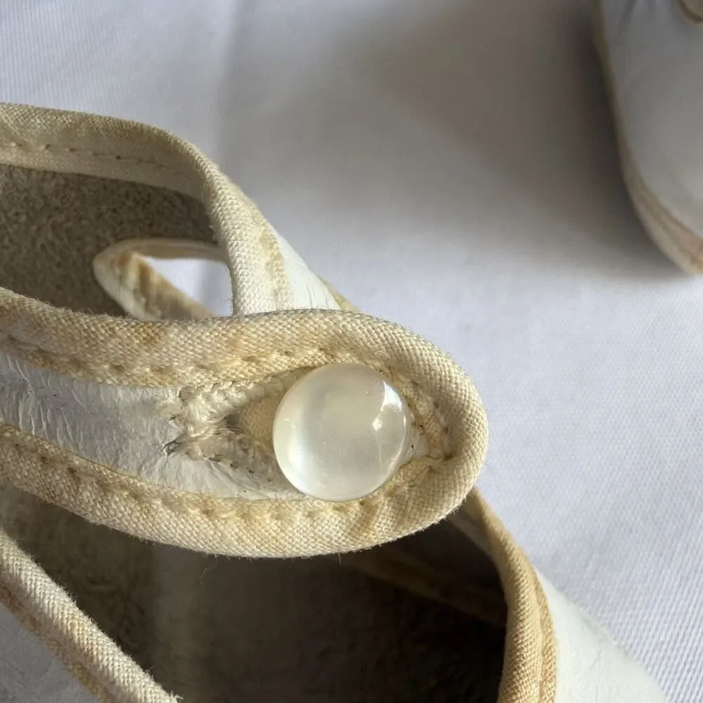 Vintage White Oilcloth Doll Shoes - Pearl Button Detail - Antique Fashion Doll